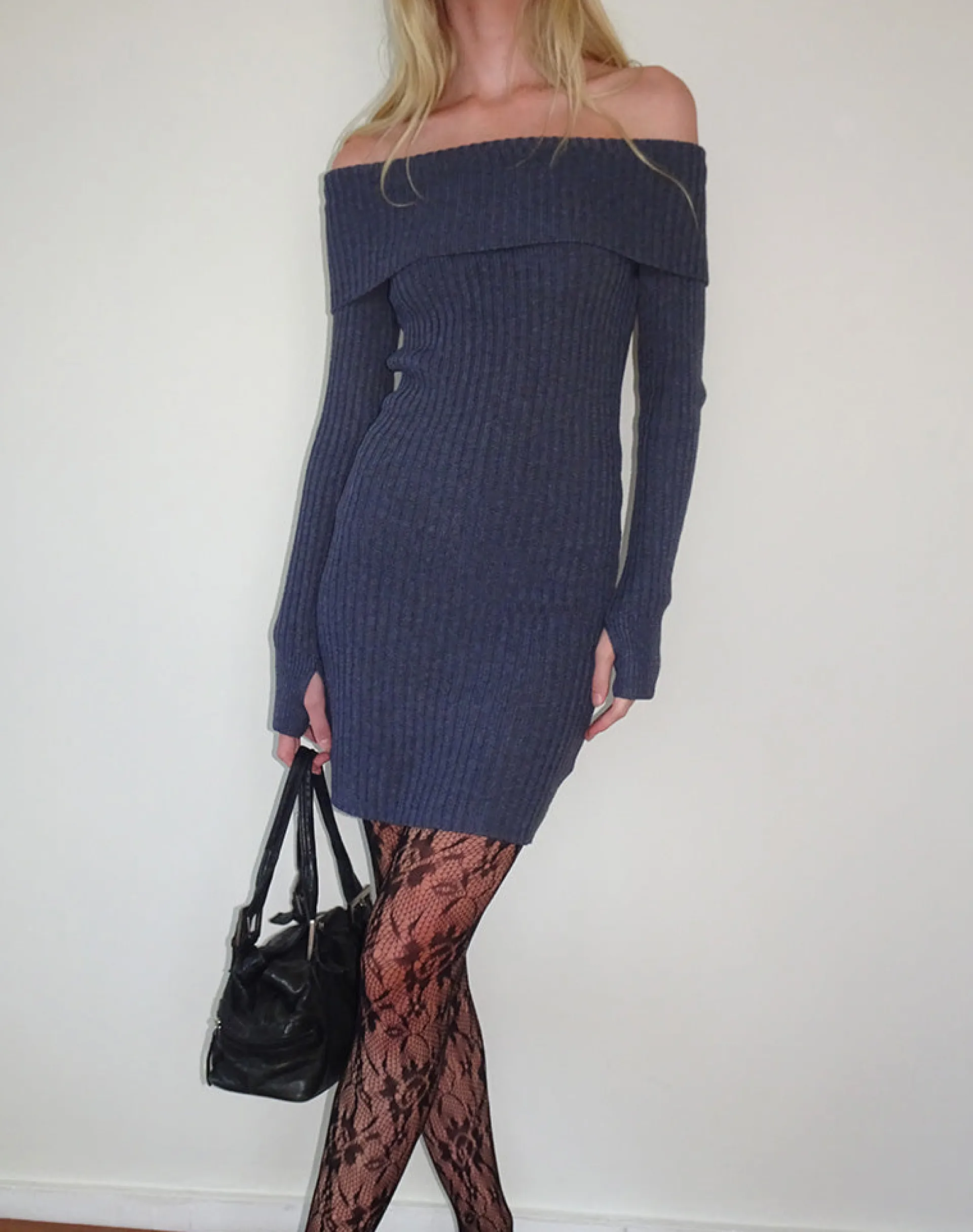 Motel Rocks Day Dresses | Long Sleeve Dresses-Queeva Knitted Bardot Mini Dress in Dark Charcoal