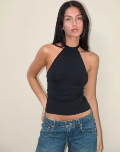 Motel Rocks Basic Tops | Halterneck Tops-Raceline Halterneck Top in Rayon Jersey Black RayonJerseyBlack