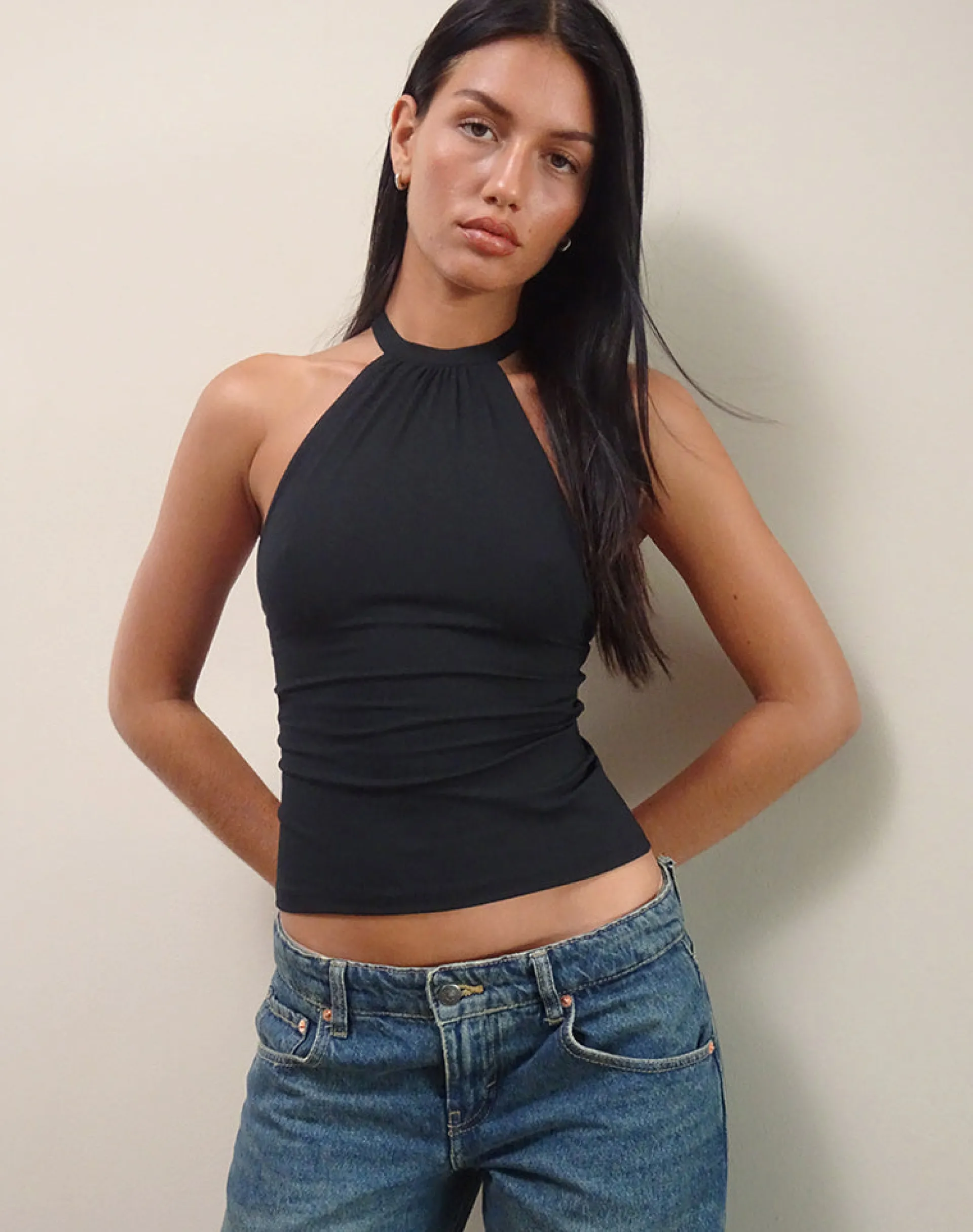 Motel Rocks Basic Tops | Halterneck Tops-Raceline Halterneck Top in Rayon Jersey Black RayonJerseyBlack