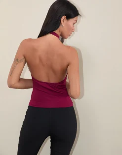 Motel Rocks Halterneck Tops | Going Out Tops-Raceline Halterneck Top in Rayon Jersey Burgundy RayonJerseyBurgundy