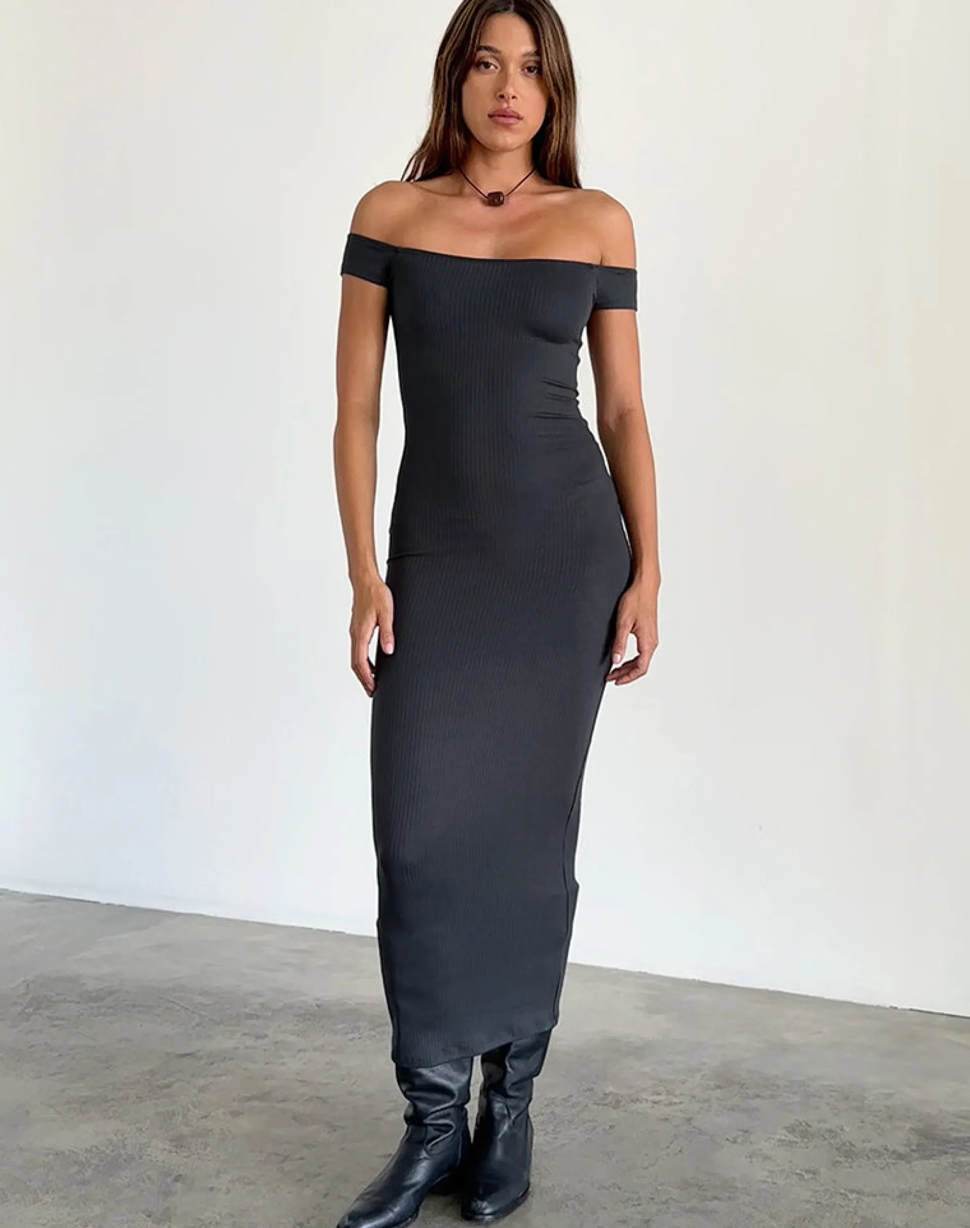 Motel Rocks Day Dresses | Bodycon Dresses-Racha Thick Rib Bardot Maxi Dress in Black Forest
