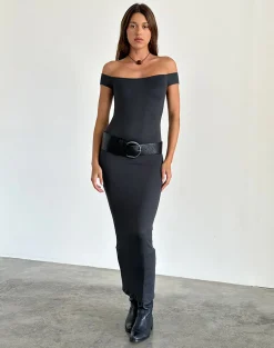 Motel Rocks Day Dresses | Bodycon Dresses-Racha Thick Rib Bardot Maxi Dress in Black Forest