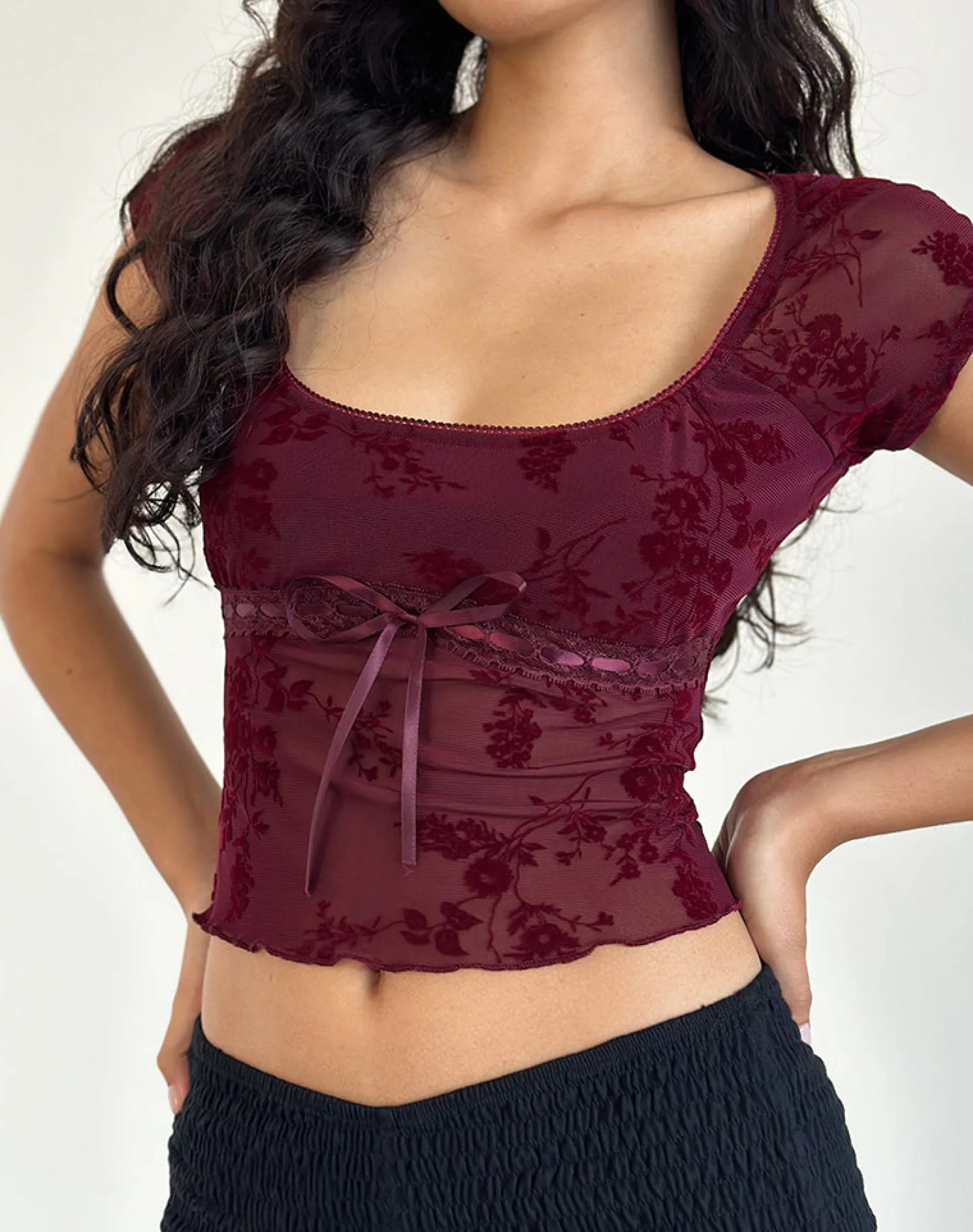 Motel Rocks Printed Tops | Going Out Tops-Rada Top in Botanical Flocked Maroon BotanicalFlockedMaroon
