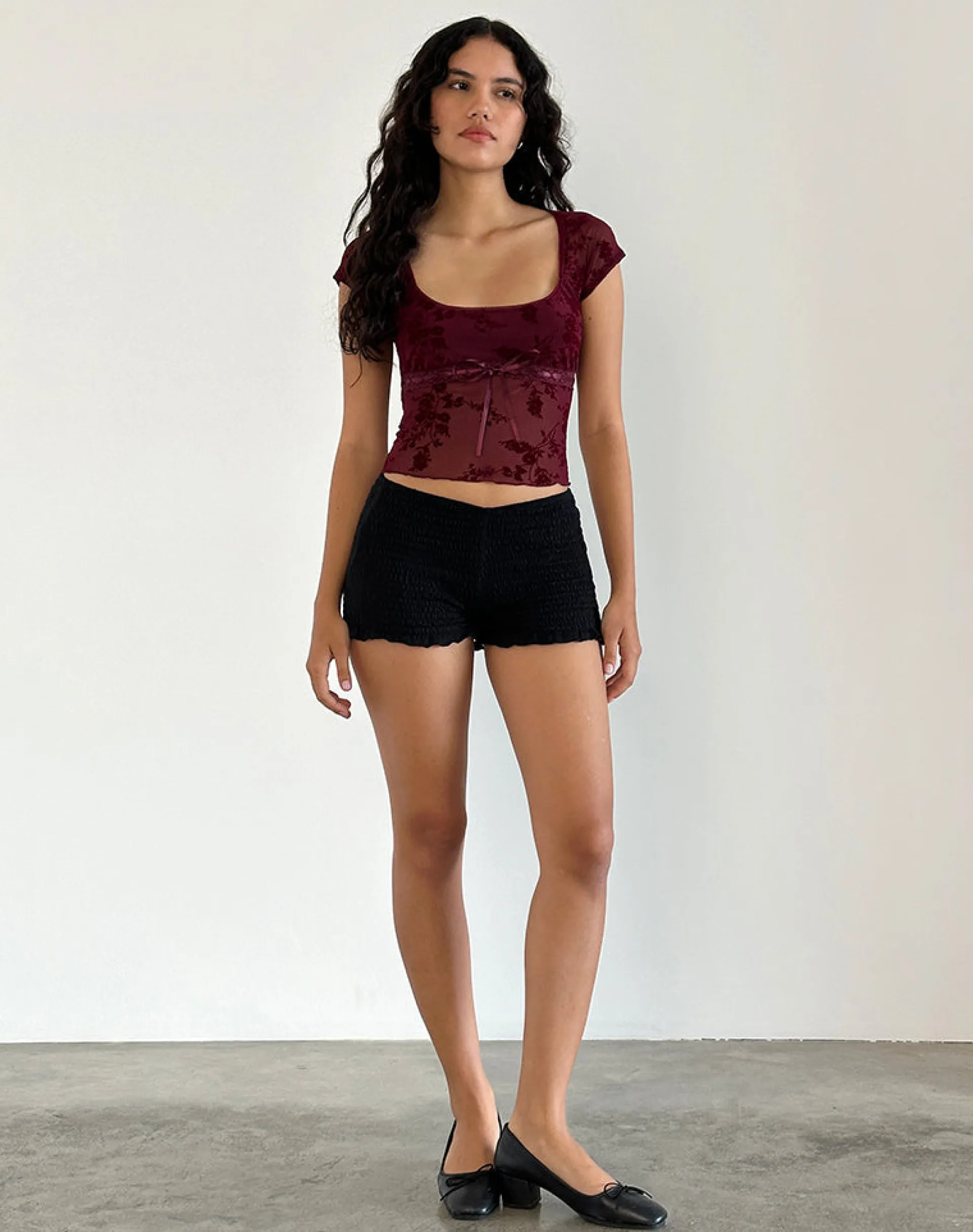 Motel Rocks Printed Tops | Going Out Tops-Rada Top in Botanical Flocked Maroon BotanicalFlockedMaroon