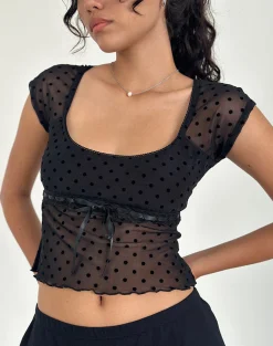 Motel Rocks Printed Tops | Going Out Tops-Rada Top in Flocked Mesh Basic Polka Black FlockedMeshBasicPolkaBlack