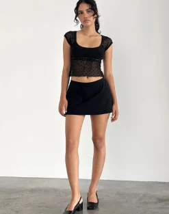 Motel Rocks Printed Tops | Going Out Tops-Rada Top in Flocked Mesh Basic Polka Black FlockedMeshBasicPolkaBlack