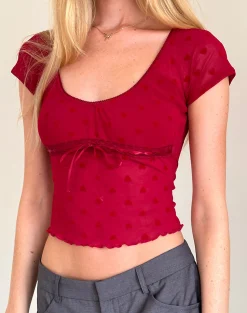 Motel Rocks Printed Tops | Going Out Tops-Rada Top in Red Heart Flocked Mesh RedHeartFlockedMesh