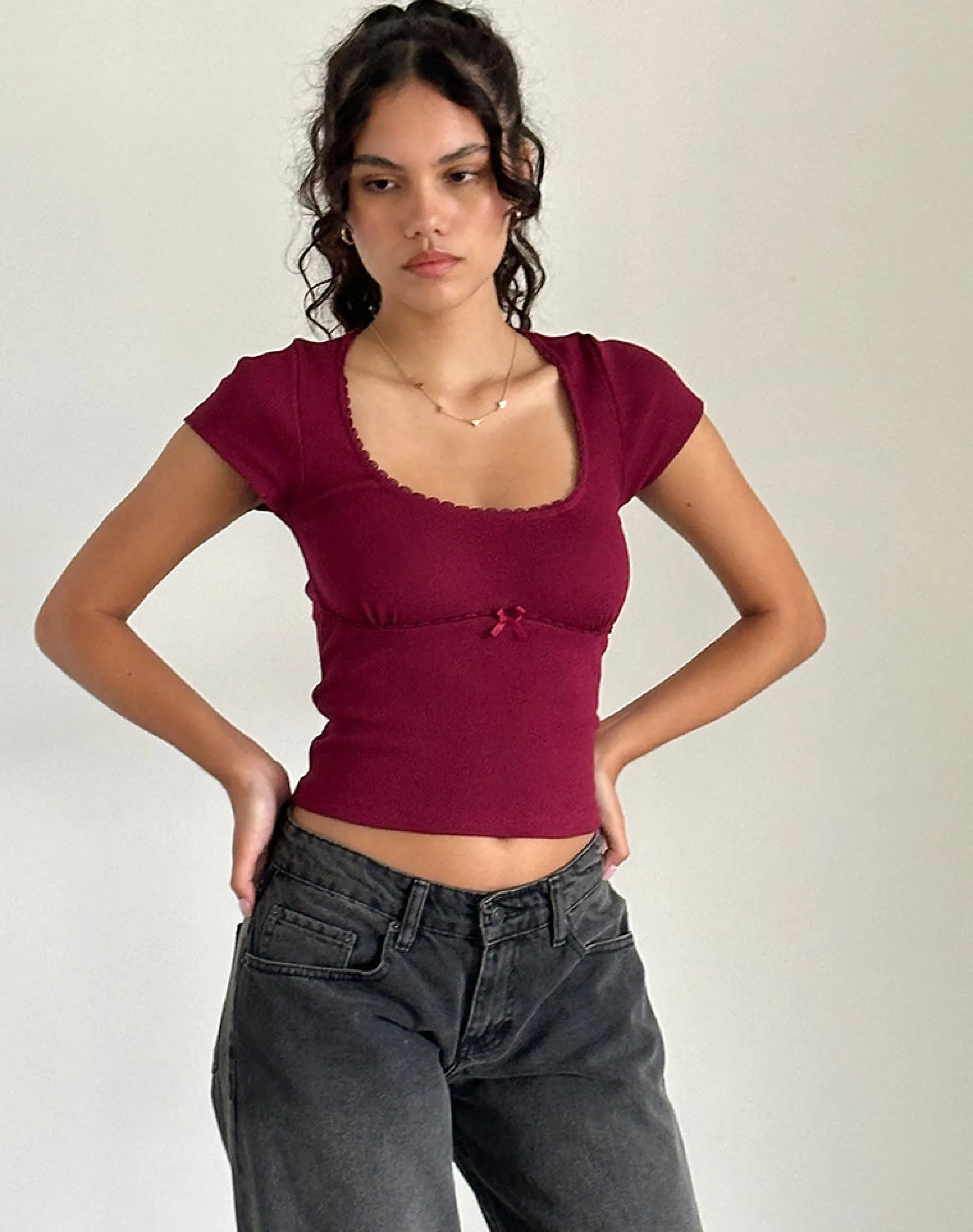 Motel Rocks Basic Tops-Rada Top in Rib Burgundy RibBurgundy