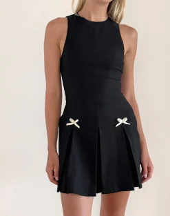 Motel Rocks Tailoring | Little Black Dresses-Radeta Mini Dress in Black with Ivory Bows
