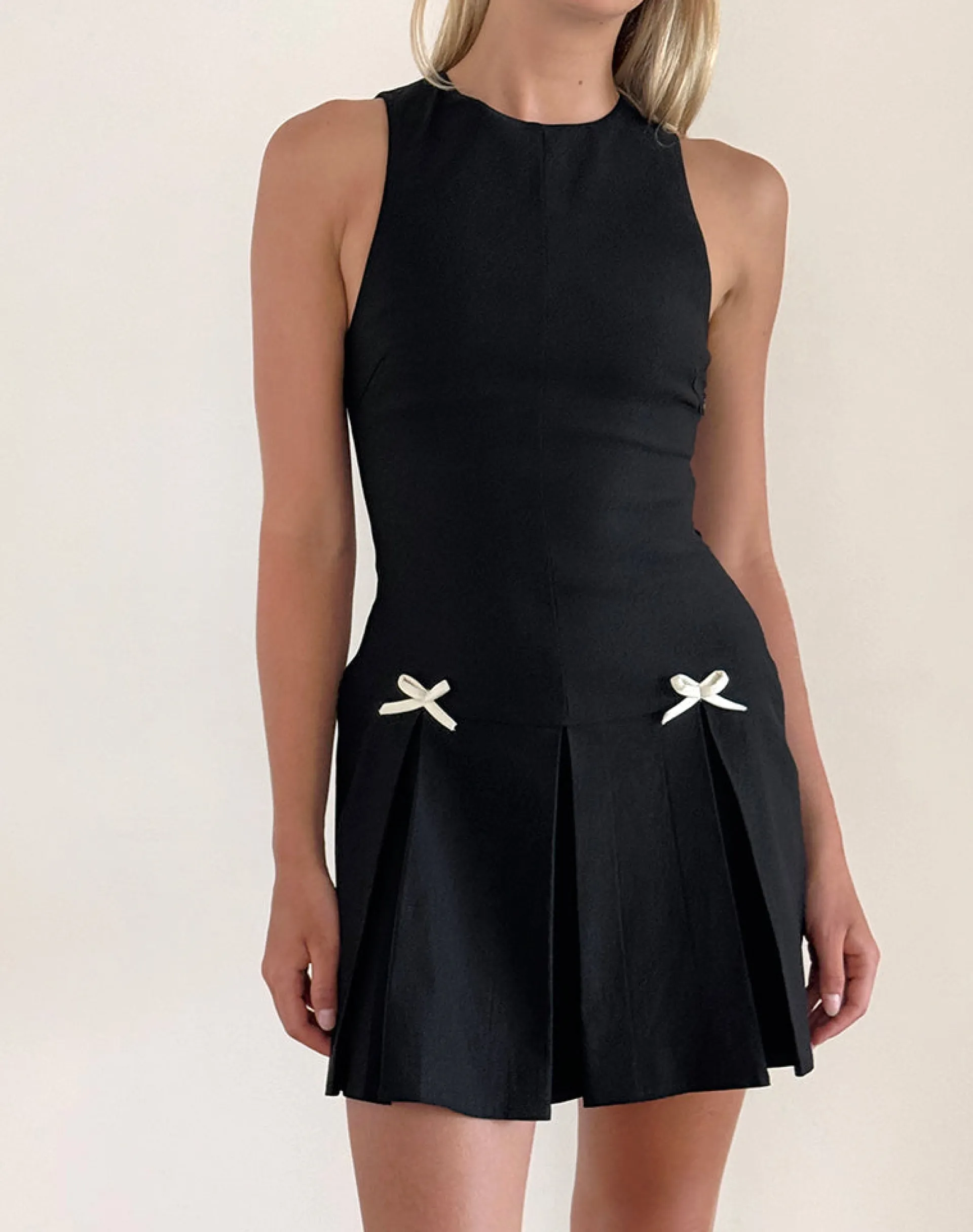 Motel Rocks Tailoring | Little Black Dresses-Radeta Mini Dress in Black with Ivory Bows