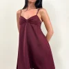 Motel Rocks Mini Dresses-Rafaila Mini Slip Dress in Satin Burgundy