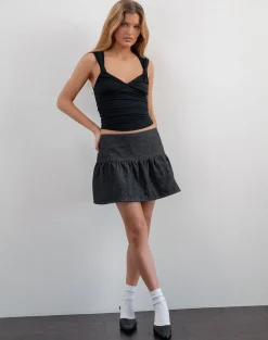 Motel Rocks Pleated Skirts | Mini Skirts-Raffita Mini Skirt in Black Denim Chambray BlackDenimChambray