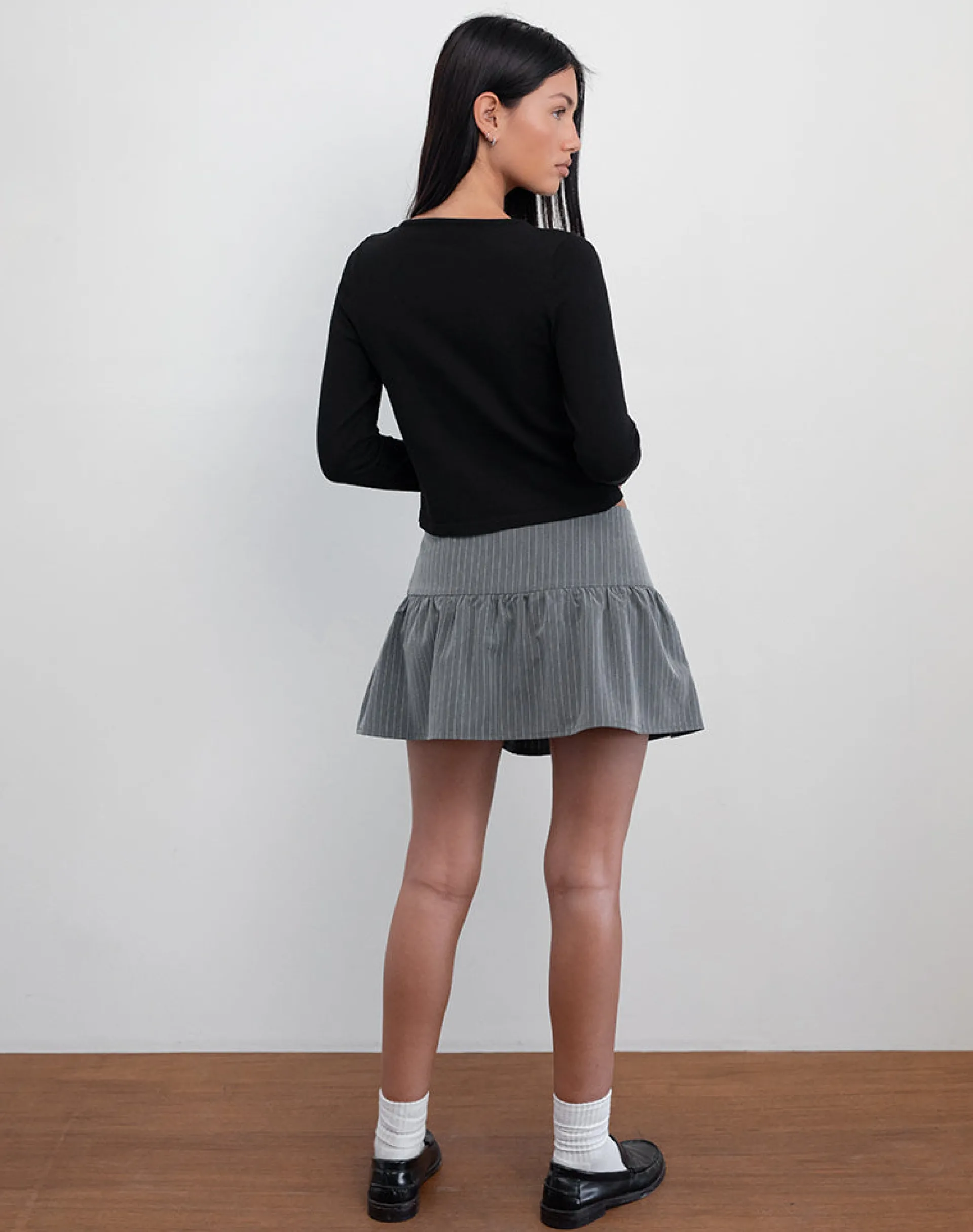 Motel Rocks A Line Skirts | Mini Skirts-Raffita Mini Skirt in Pinstripe Grey PinstripeGrey
