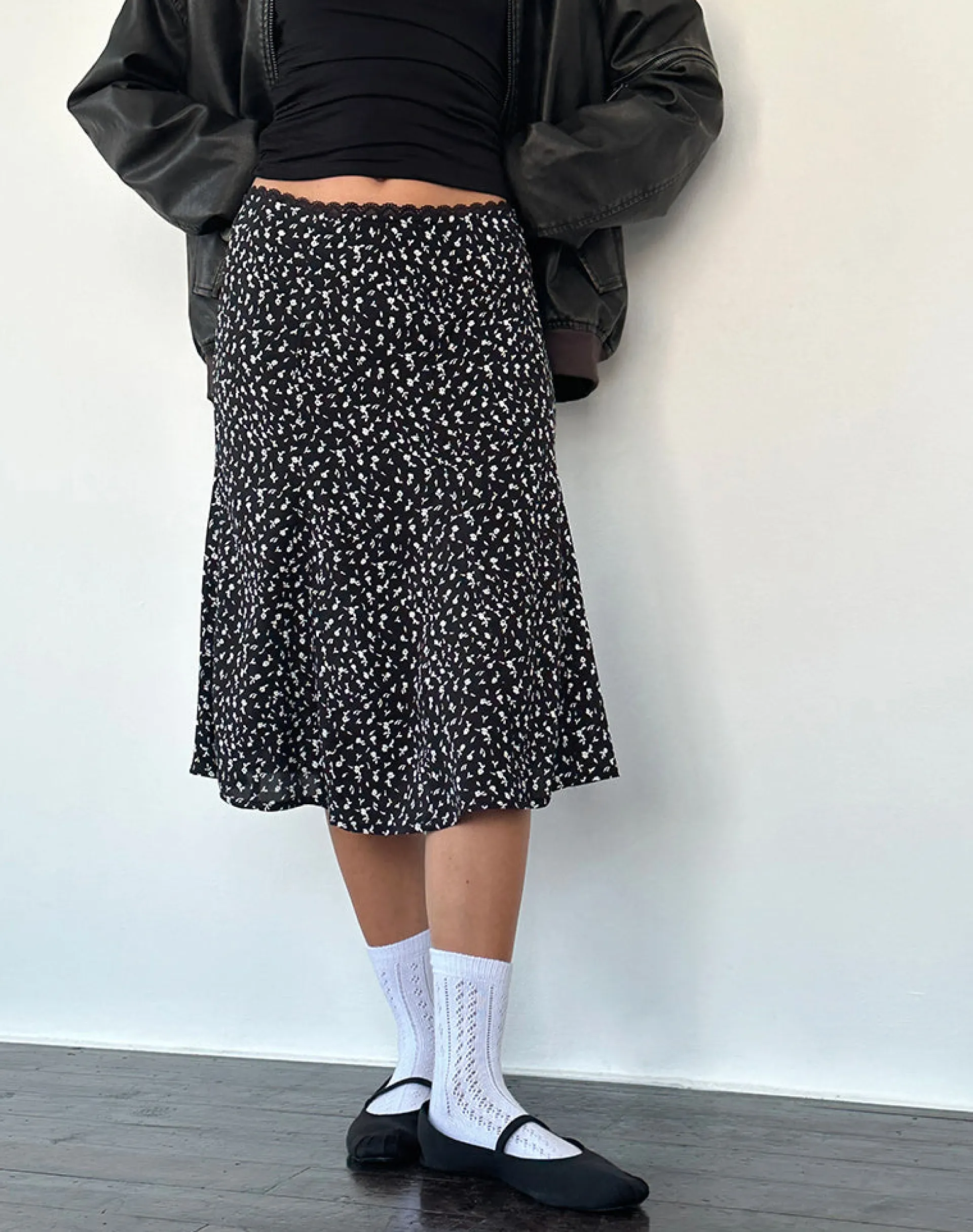 Motel Rocks Printed Skirts | Midi Skirts-Rahyu Midi Skirt in Black Ditsy Romance