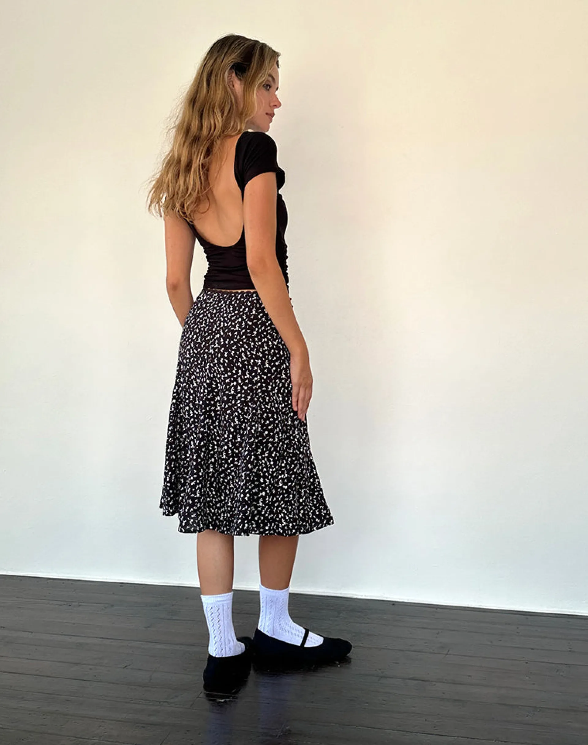 Motel Rocks Printed Skirts | Midi Skirts-Rahyu Midi Skirt in Black Ditsy Romance