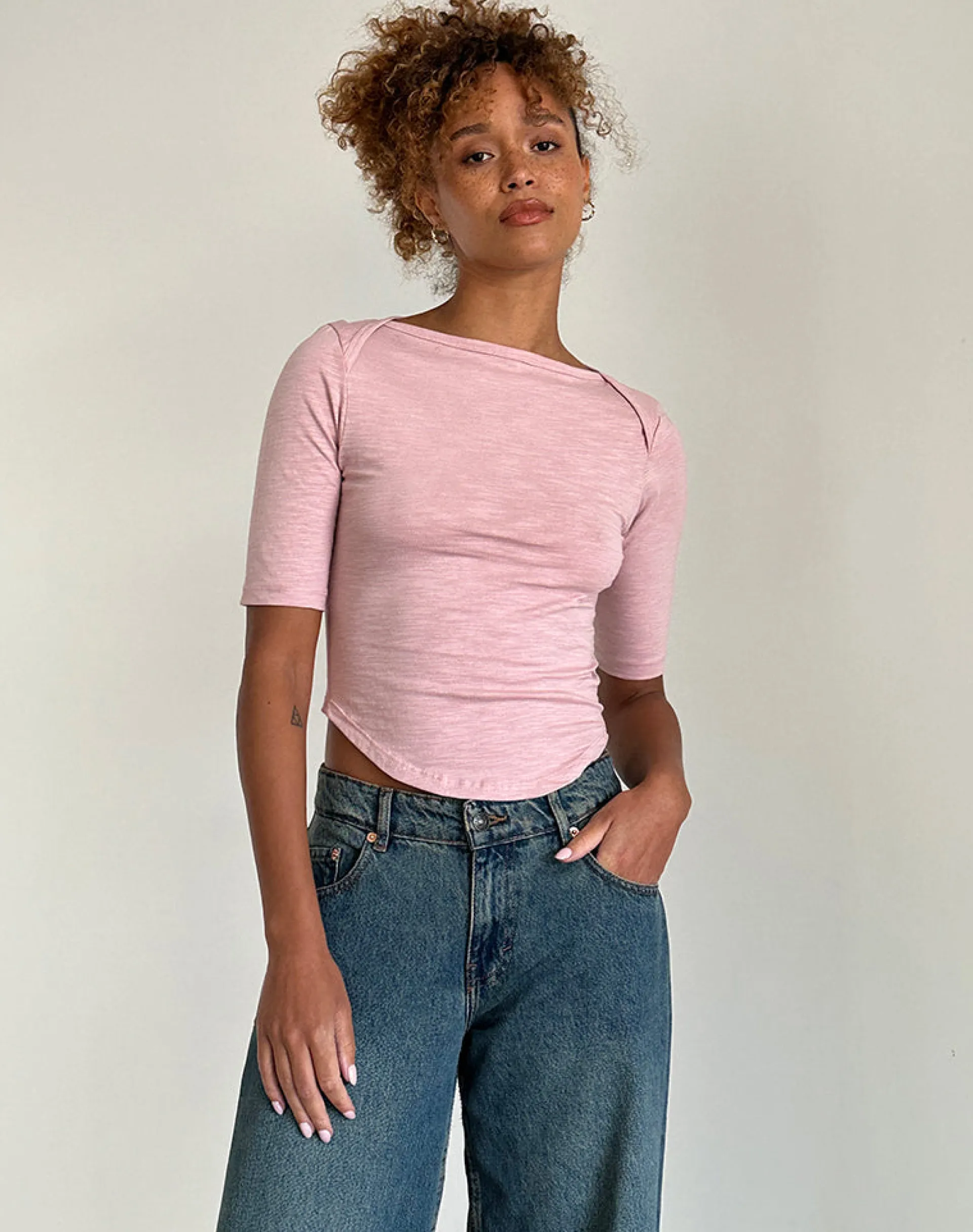 Motel Rocks Basics | Basic Tops-Ralda Curved Jersey Tee in Pink Lady PinkLady