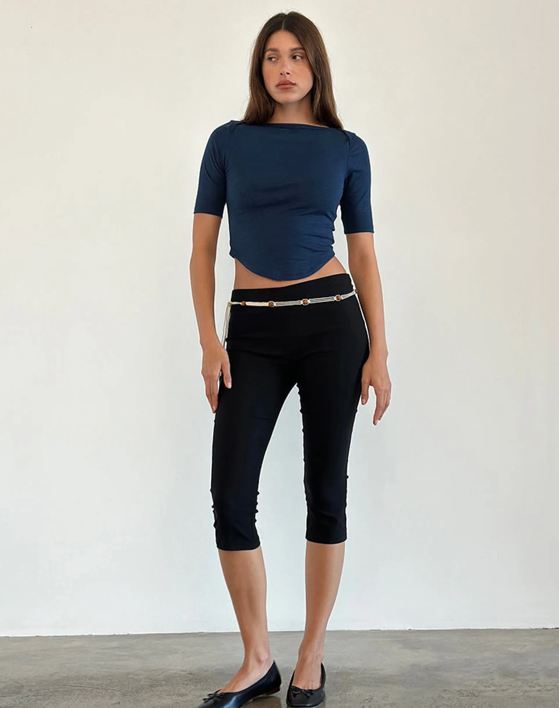 Motel Rocks Basic Tops | Tees-Ralda Curved Jersey Tee in navy