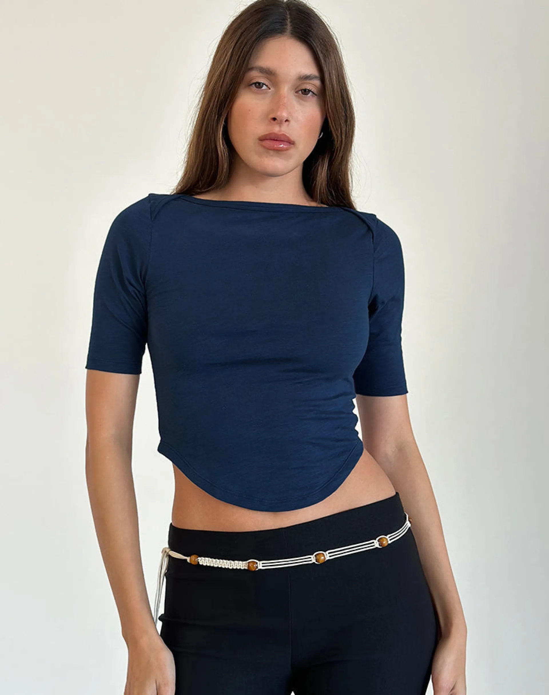 Motel Rocks Basic Tops | Tees-Ralda Curved Jersey Tee in navy