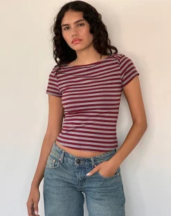 Motel Rocks Printed Tops | Tees-Ralina Short Sleeve Top in Mulberry Grey Stripes MulberryGreyStripes