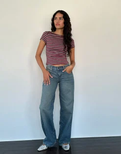 Motel Rocks Printed Tops | Tees-Ralina Short Sleeve Top in Mulberry Grey Stripes MulberryGreyStripes
