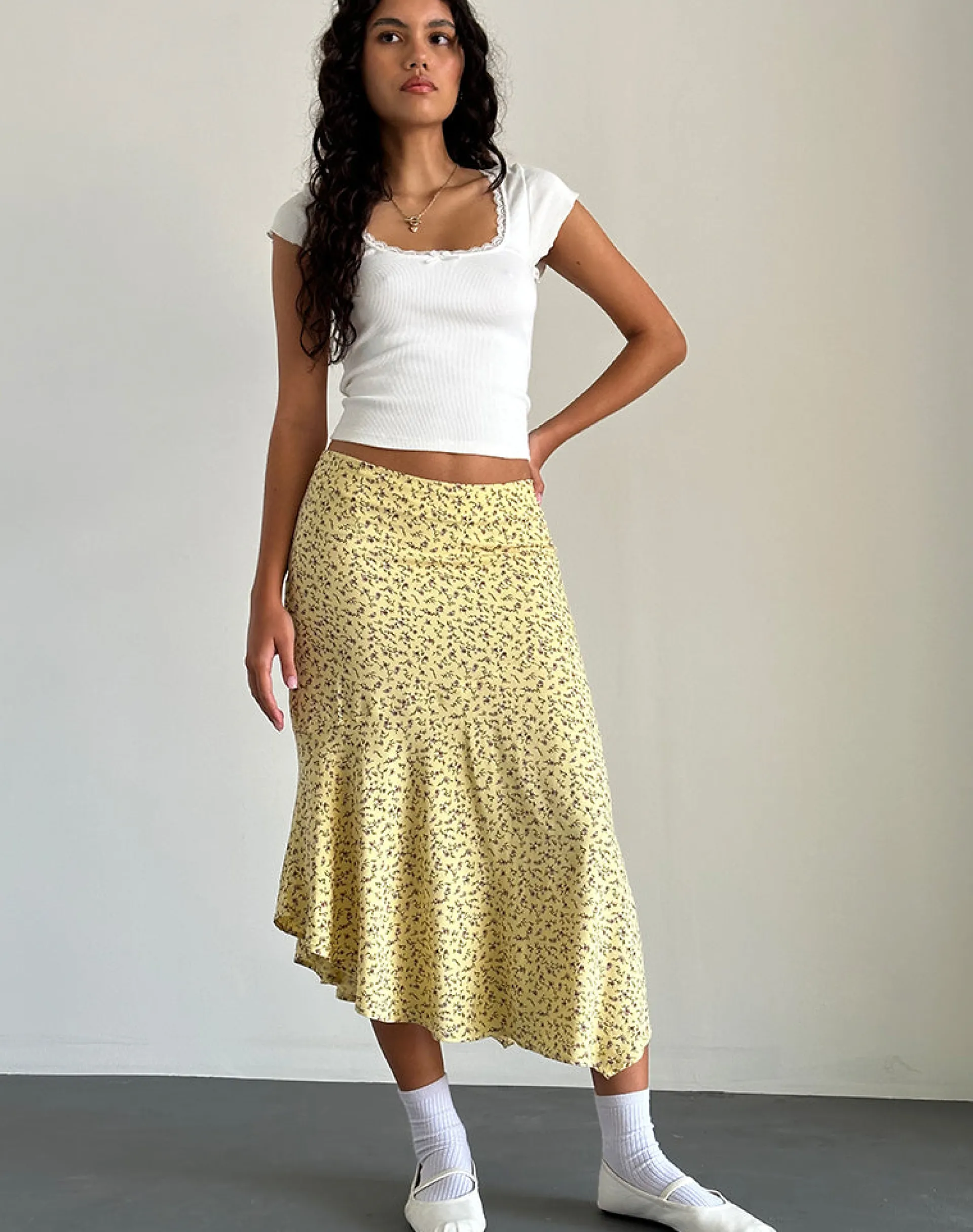 Motel Rocks Co-Ords | Printed Skirts-Rans Waterfall Hem Midi Skirt in Flowing Flower Yellow