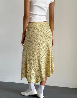 Motel Rocks Co-Ords | Printed Skirts-Rans Waterfall Hem Midi Skirt in Flowing Flower Yellow