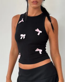 Motel Rocks Basics | Basic Tops-Rave Vest Top in Black with Pink Bows BlackwithPinkBows