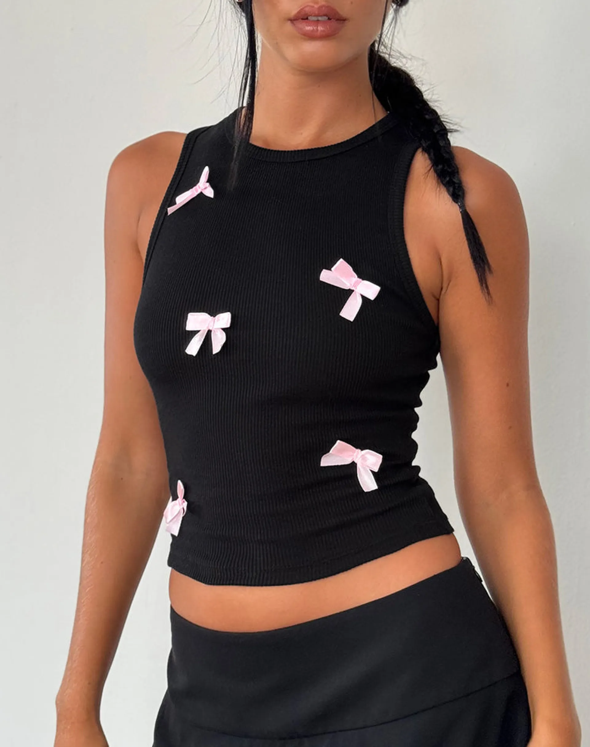 Motel Rocks Basics | Basic Tops-Rave Vest Top in Black with Pink Bows BlackwithPinkBows