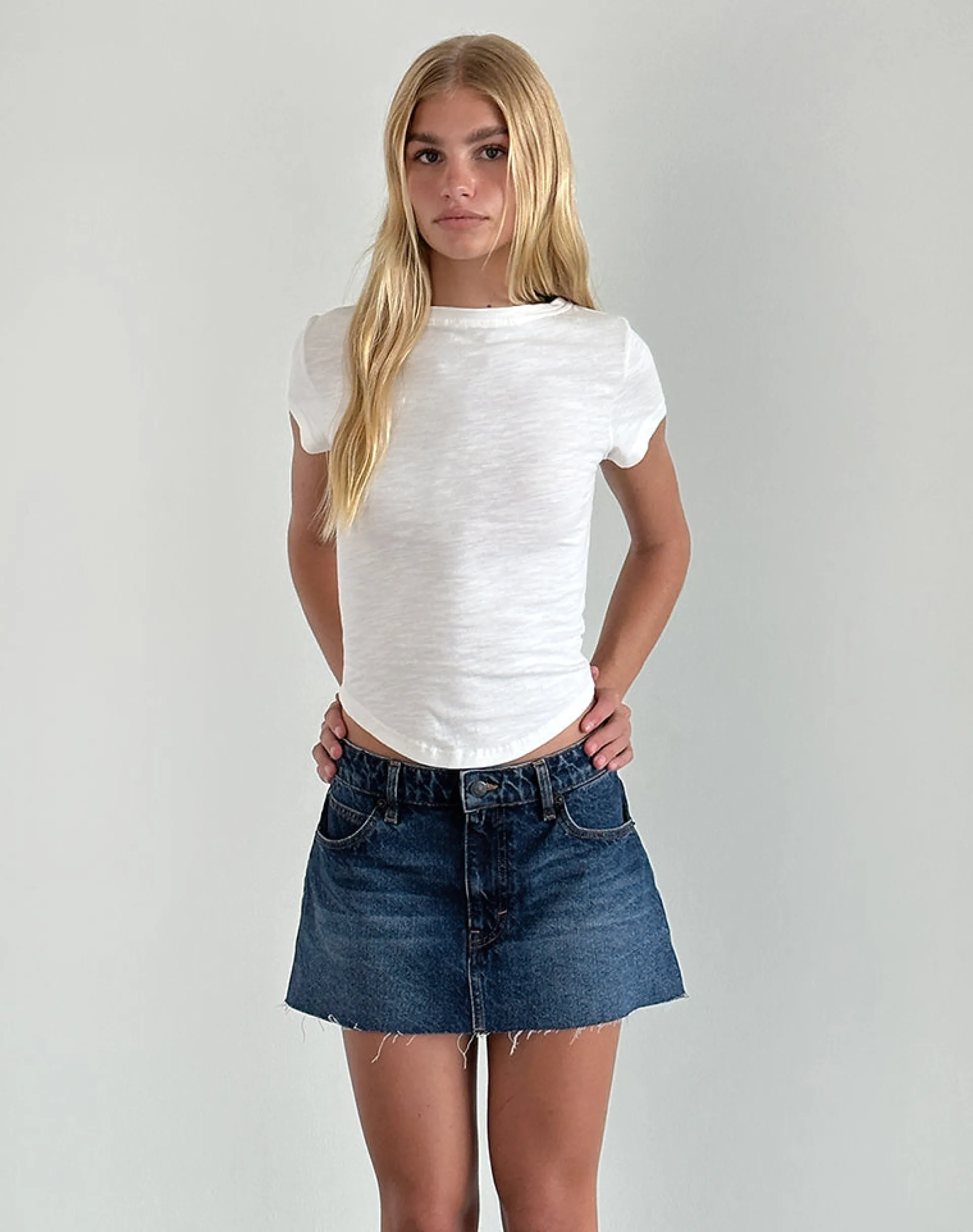 Motel Rocks A Line Skirts | Denim Skirts-Raw Hem Denim Mini Skirt in Mid Blue Used MidBlueUsed