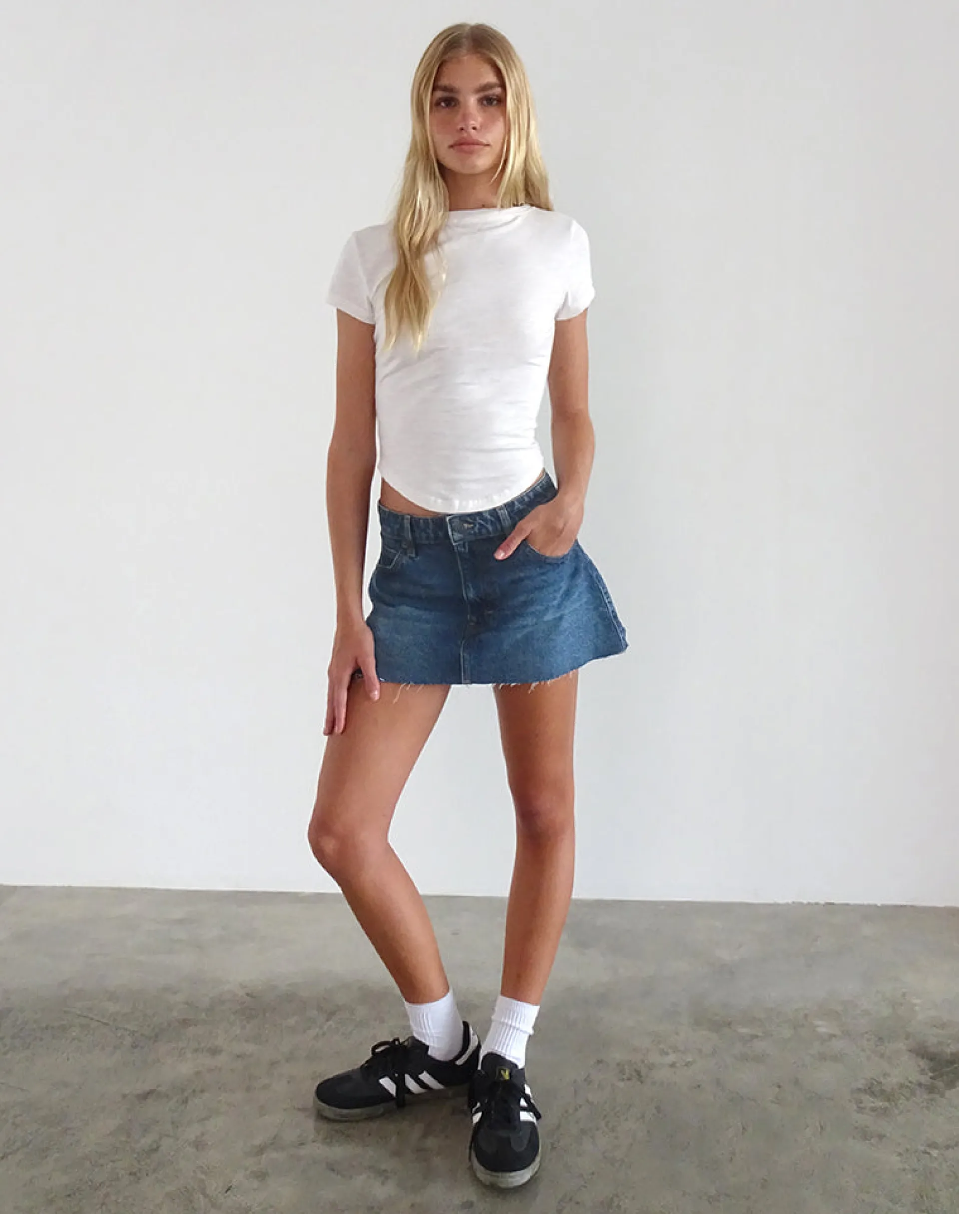 Motel Rocks A Line Skirts | Denim Skirts-Raw Hem Denim Mini Skirt in Mid Blue Used MidBlueUsed