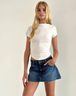 Motel Rocks A Line Skirts | Denim Skirts-Raw Hem Denim Mini Skirt in Mid Blue Used MidBlueUsed