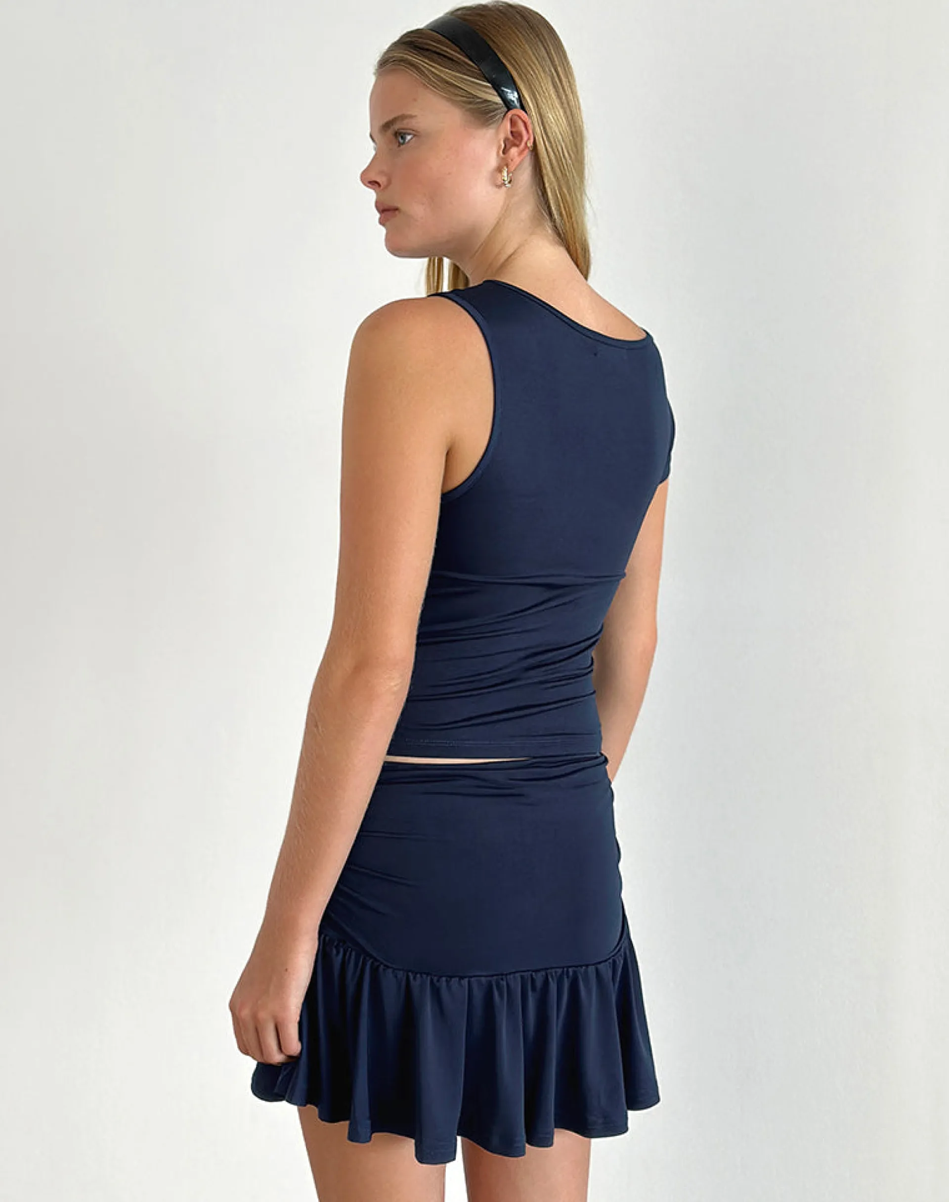 Motel Rocks Vest Tops | Going Out Tops-Rayla Top in Lycra Dark Navy with Red Rosette
