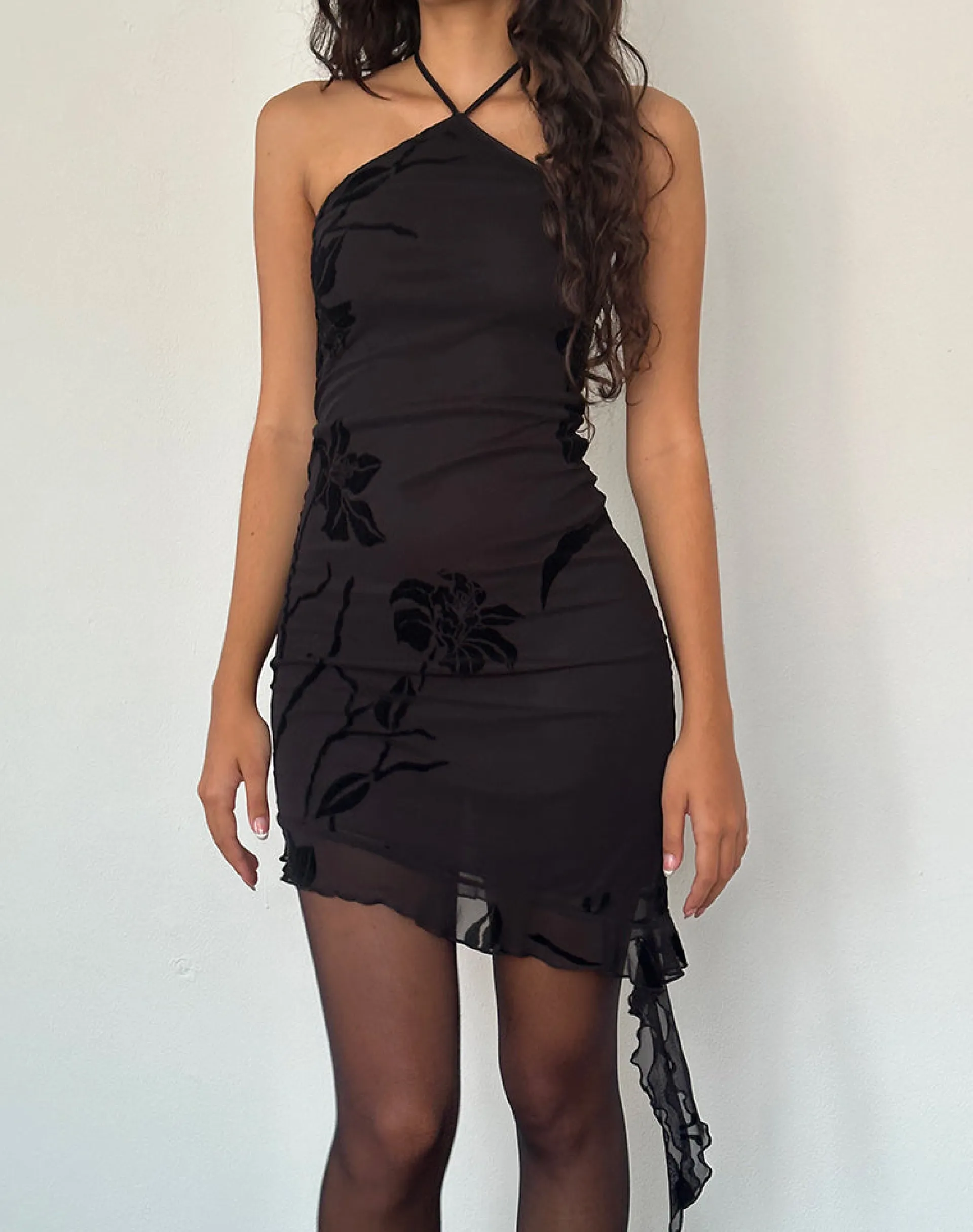 Motel Rocks Little Black Dresses | Mini Dresses-Redi Mini Halterneck Dress in Orchids Flock Black