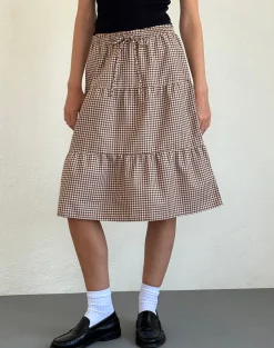 Motel Rocks Printed Skirts | Midi Skirts-Reef Midi Skirt in Mini Gingham Brown