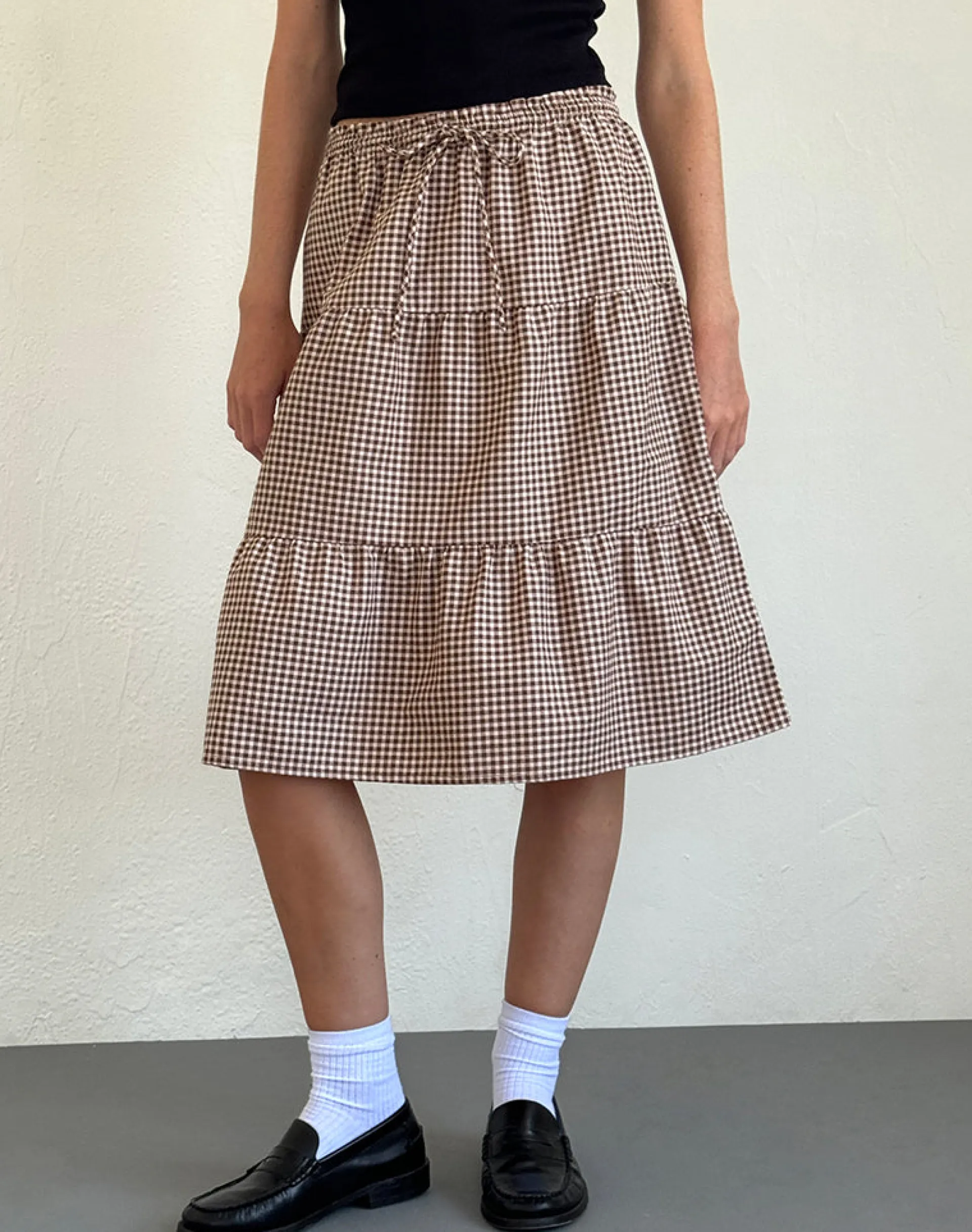 Motel Rocks Printed Skirts | Midi Skirts-Reef Midi Skirt in Mini Gingham Brown