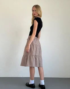 Motel Rocks Printed Skirts | Midi Skirts-Reef Midi Skirt in Mini Gingham Brown