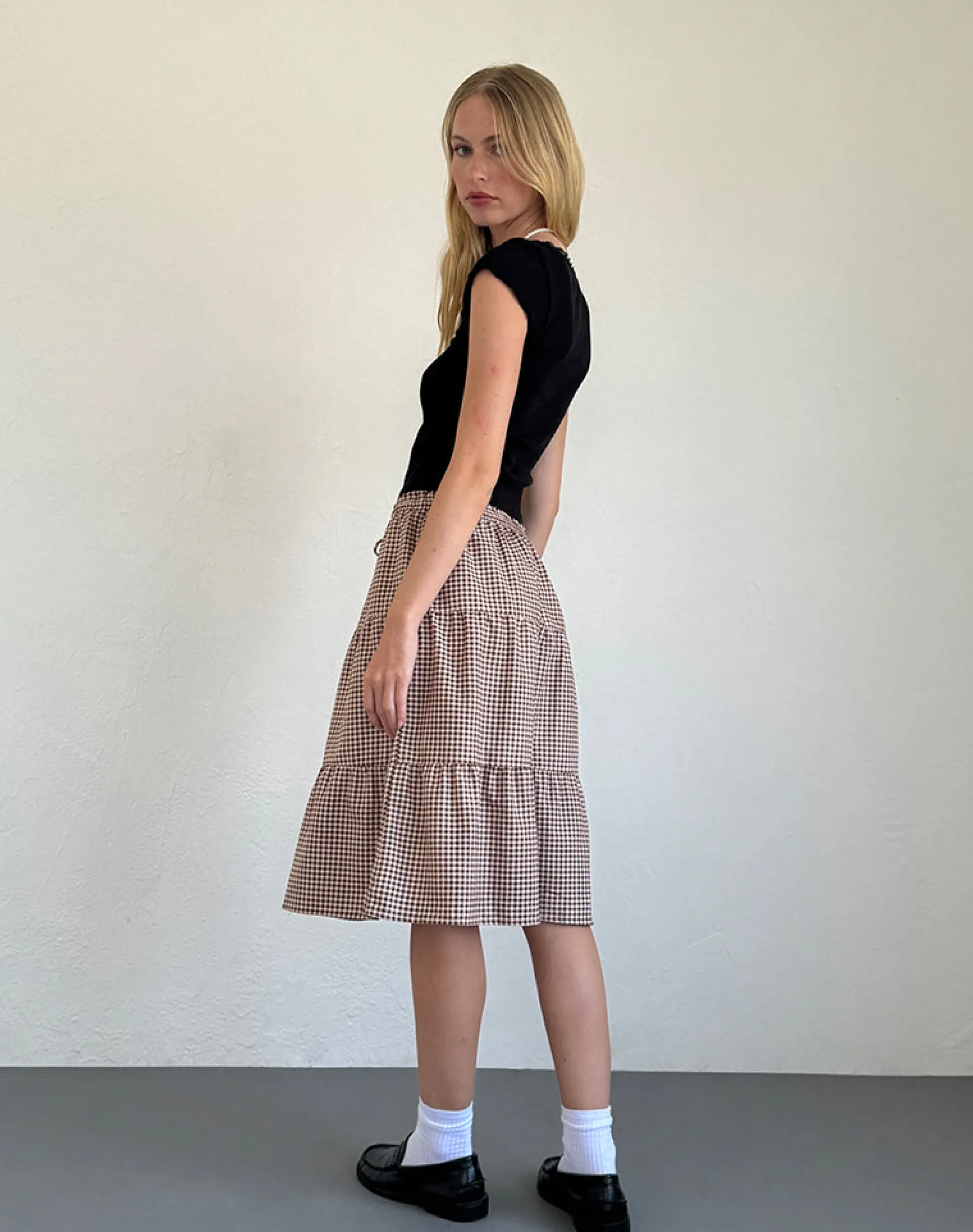Motel Rocks Printed Skirts | Midi Skirts-Reef Midi Skirt in Mini Gingham Brown