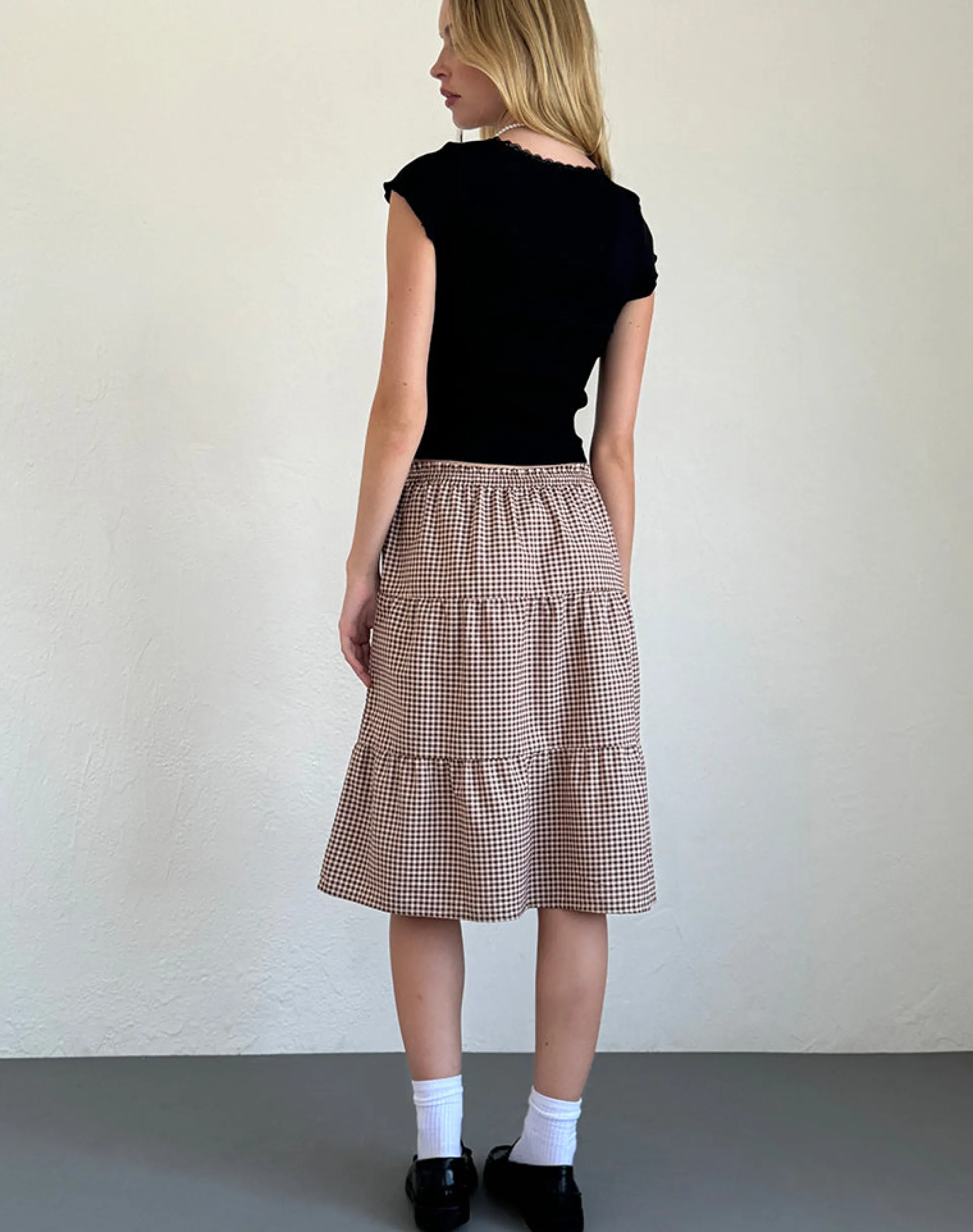 Motel Rocks Printed Skirts | Midi Skirts-Reef Midi Skirt in Mini Gingham Brown