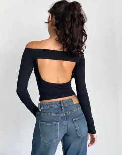 Motel Rocks Long Sleeve Tops-Reiba Long Sleeve Top in Black with Grey Binding