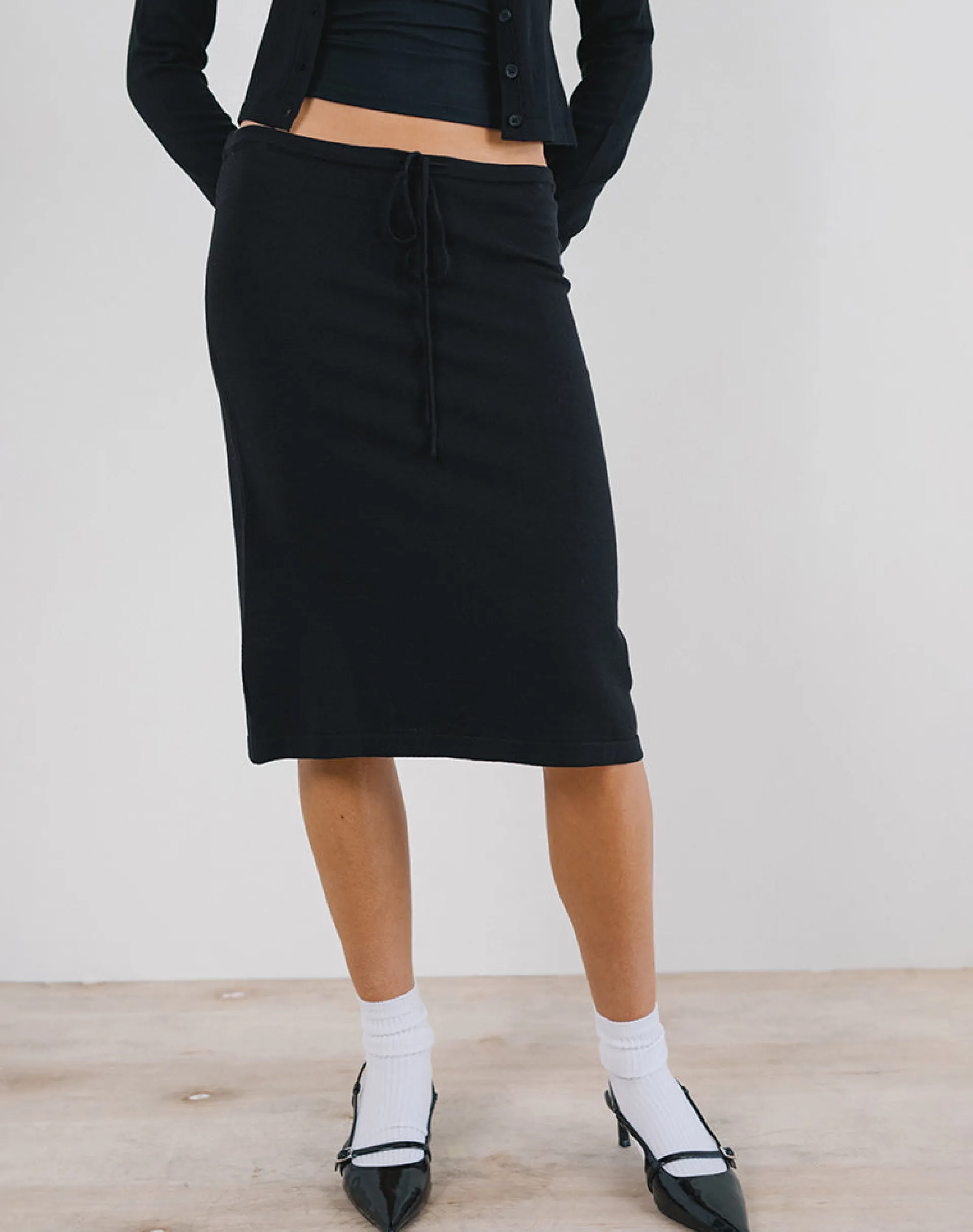 Motel Rocks Tailoring | A Line Skirts-Rella Midi Skirt in Flat Knit Black