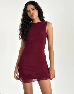 Motel Rocks Basics | Bodycon Dresses-Renata Asymmetrical Mini Dress in Burgundy Mesh BurgundyMesh