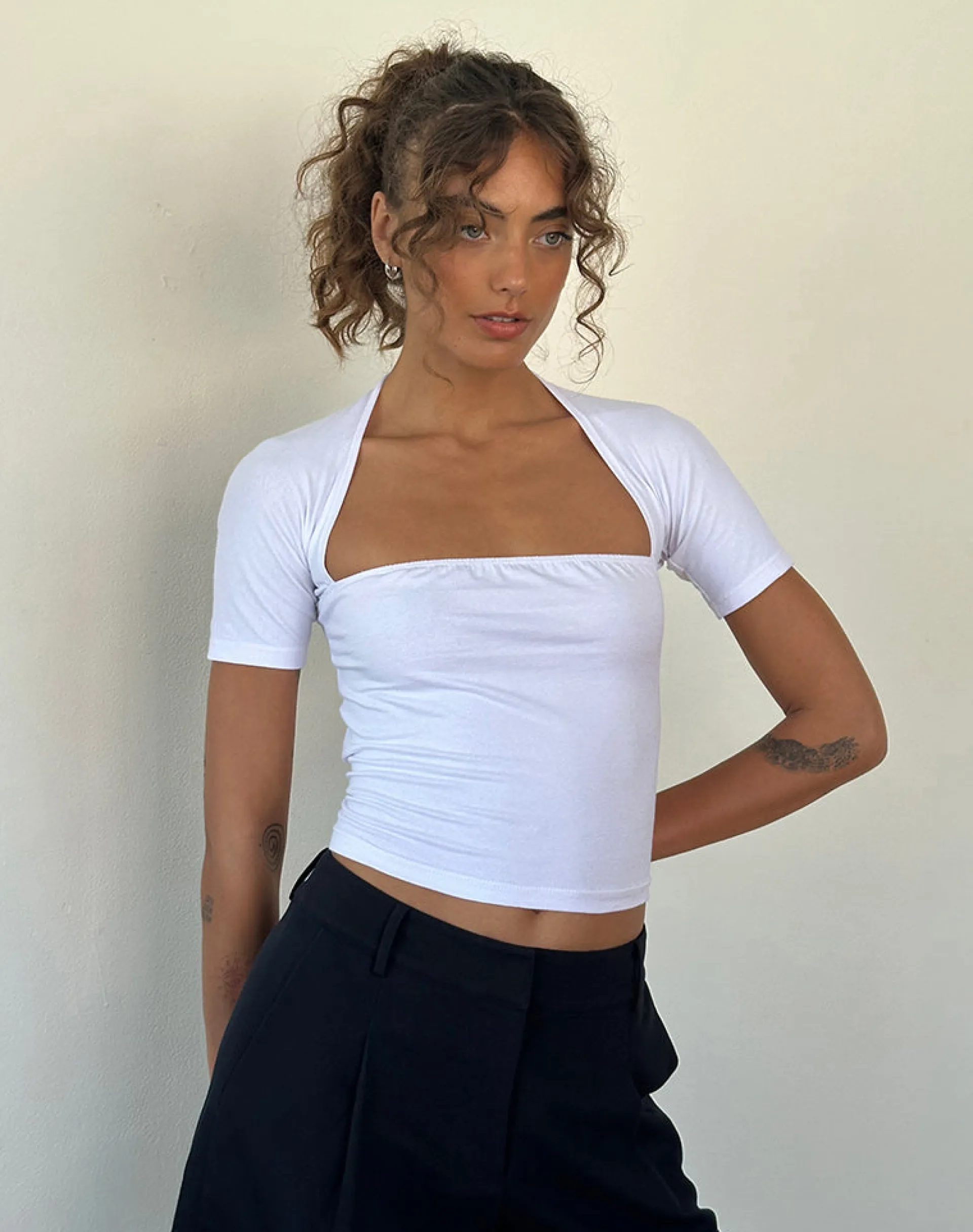 Motel Rocks Basics | Basic Tops-Requa Short Sleeve Square Neck Top in White