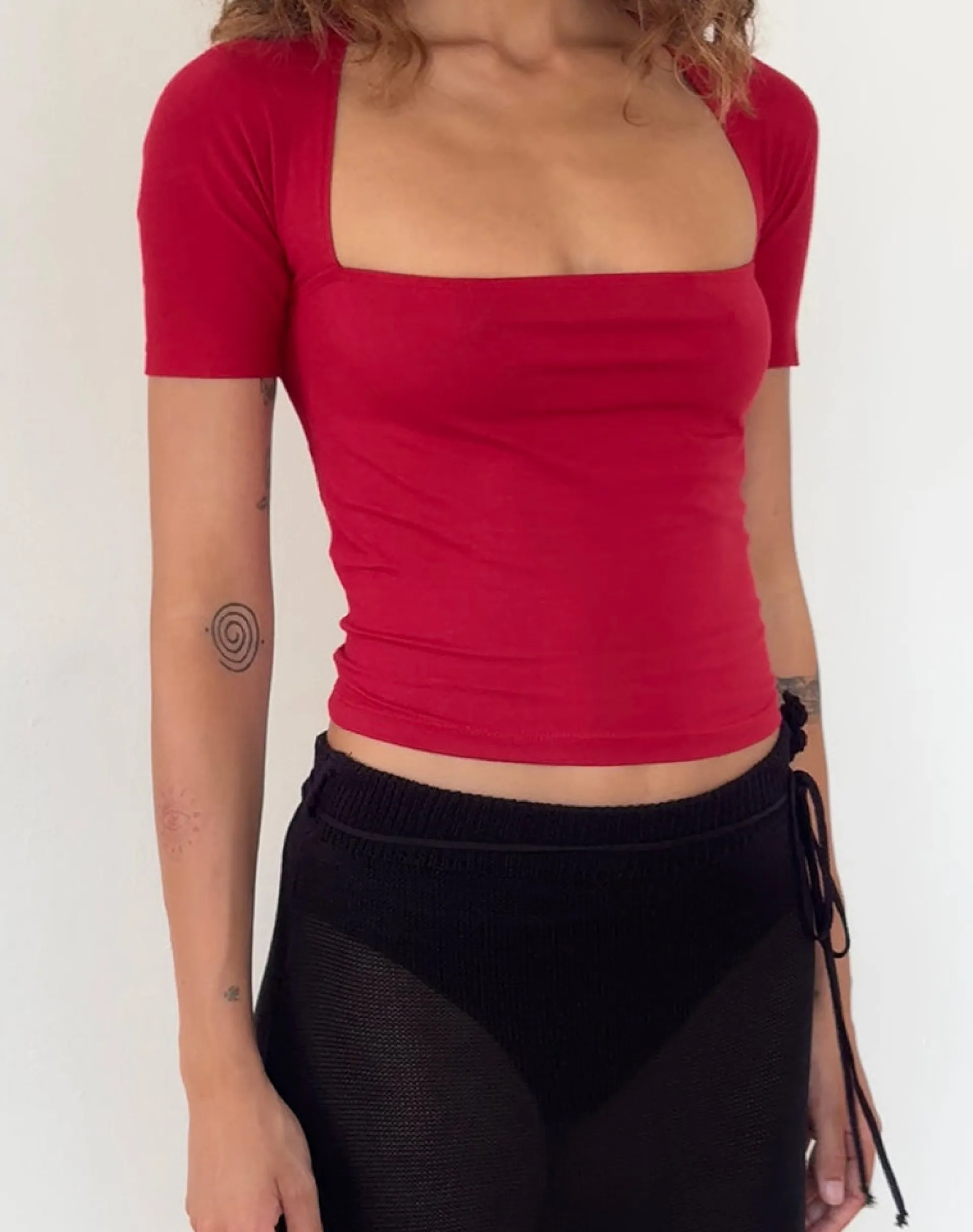 Motel Rocks Basic Tops | Tees-Requa Short Sleeve Square Neck Top in Adrenaline Red AdrenalineRed