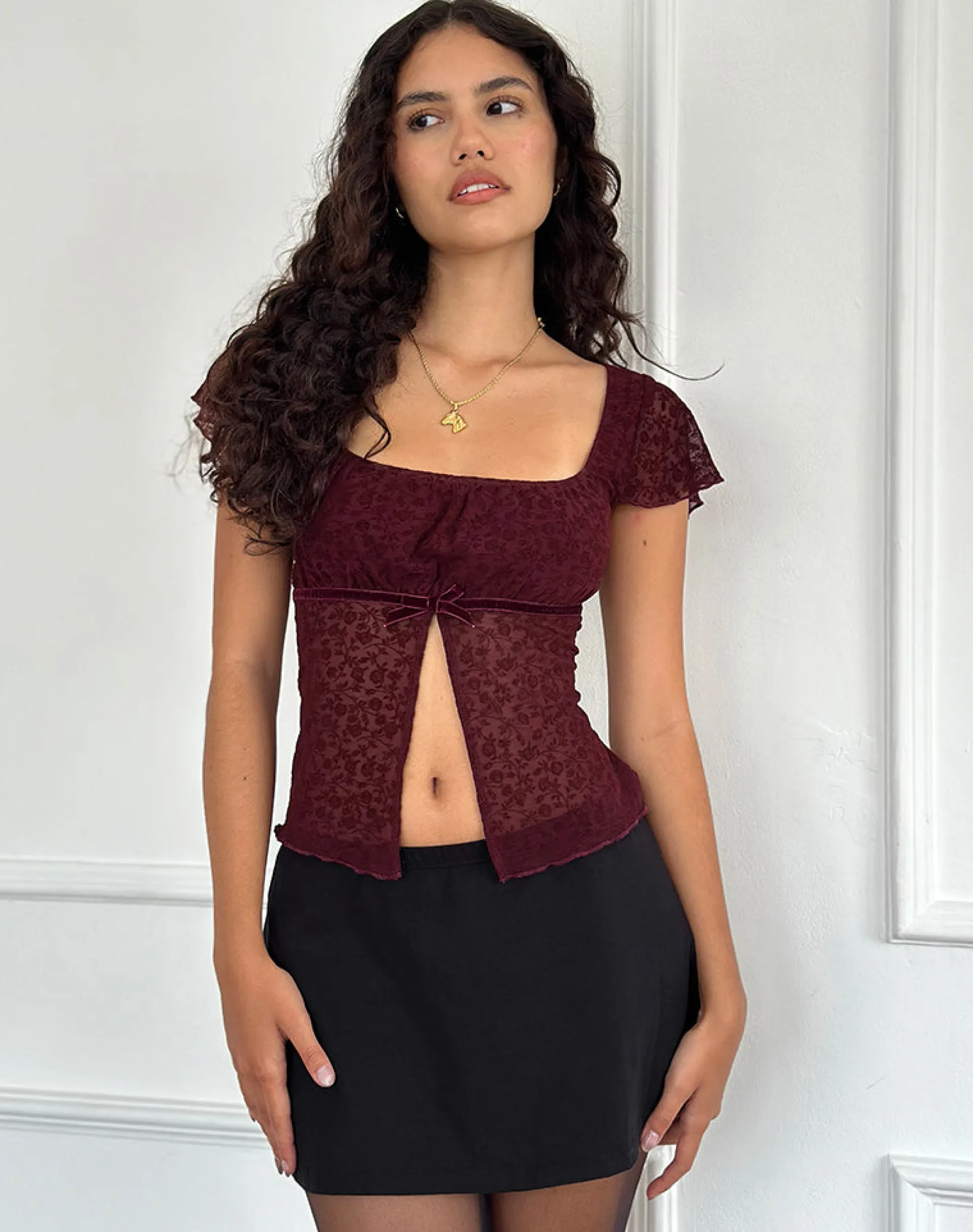 Motel Rocks Crop Tops | Going Out Tops-Retina Top in Ditsy Flock Burnt Maroon