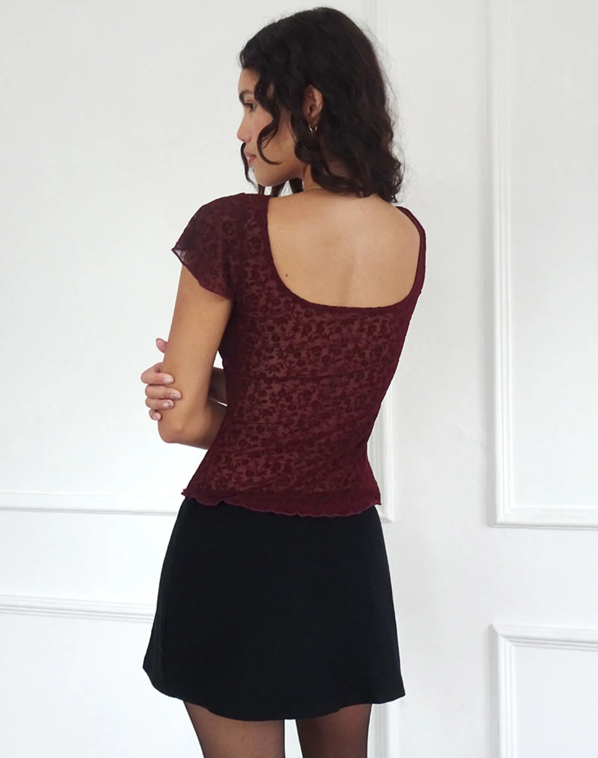 Motel Rocks Crop Tops | Going Out Tops-Retina Top in Ditsy Flock Burnt Maroon