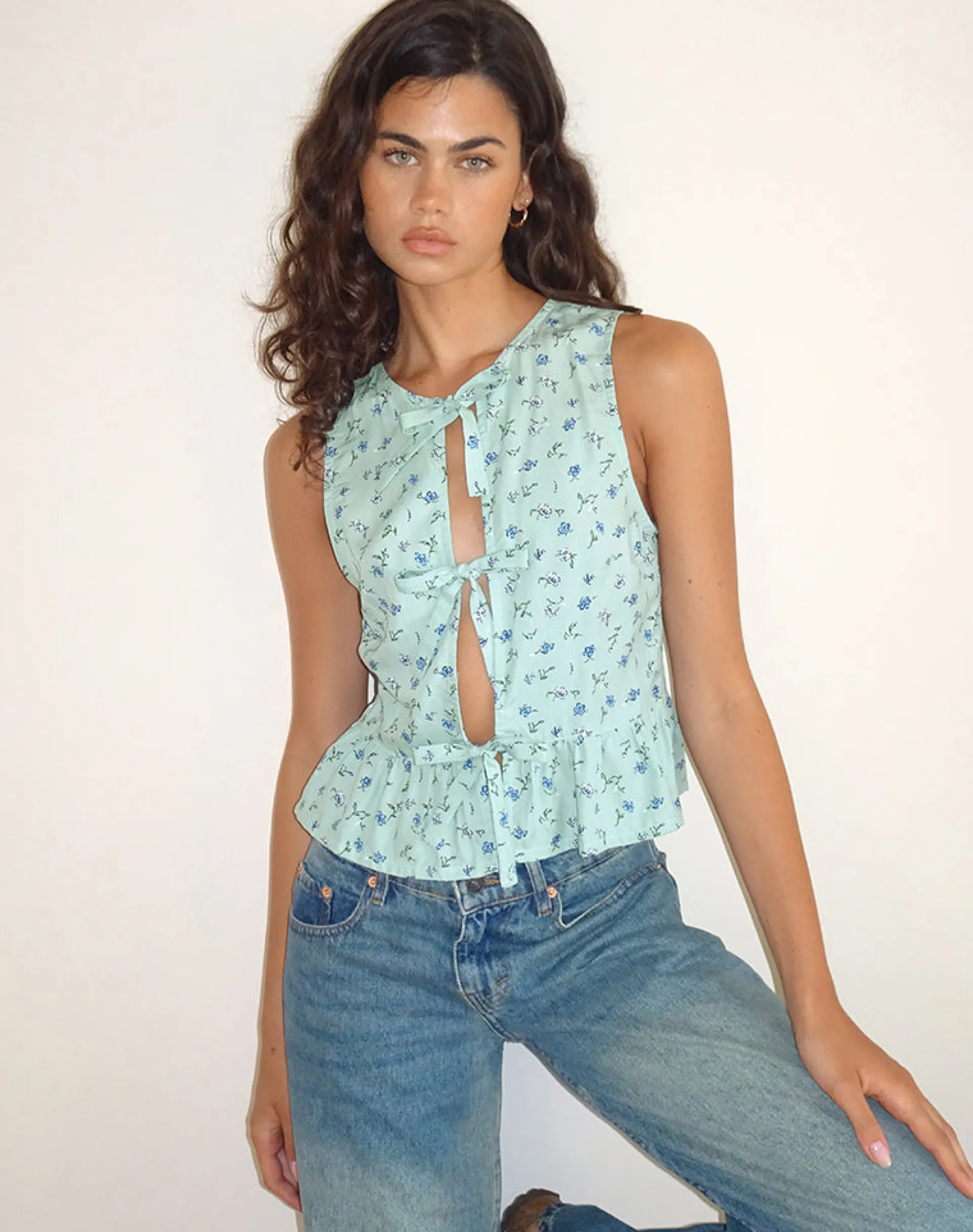 Motel Rocks Vest Tops | Printed Tops-Revata Tie Front Top in Pretty Petal Green