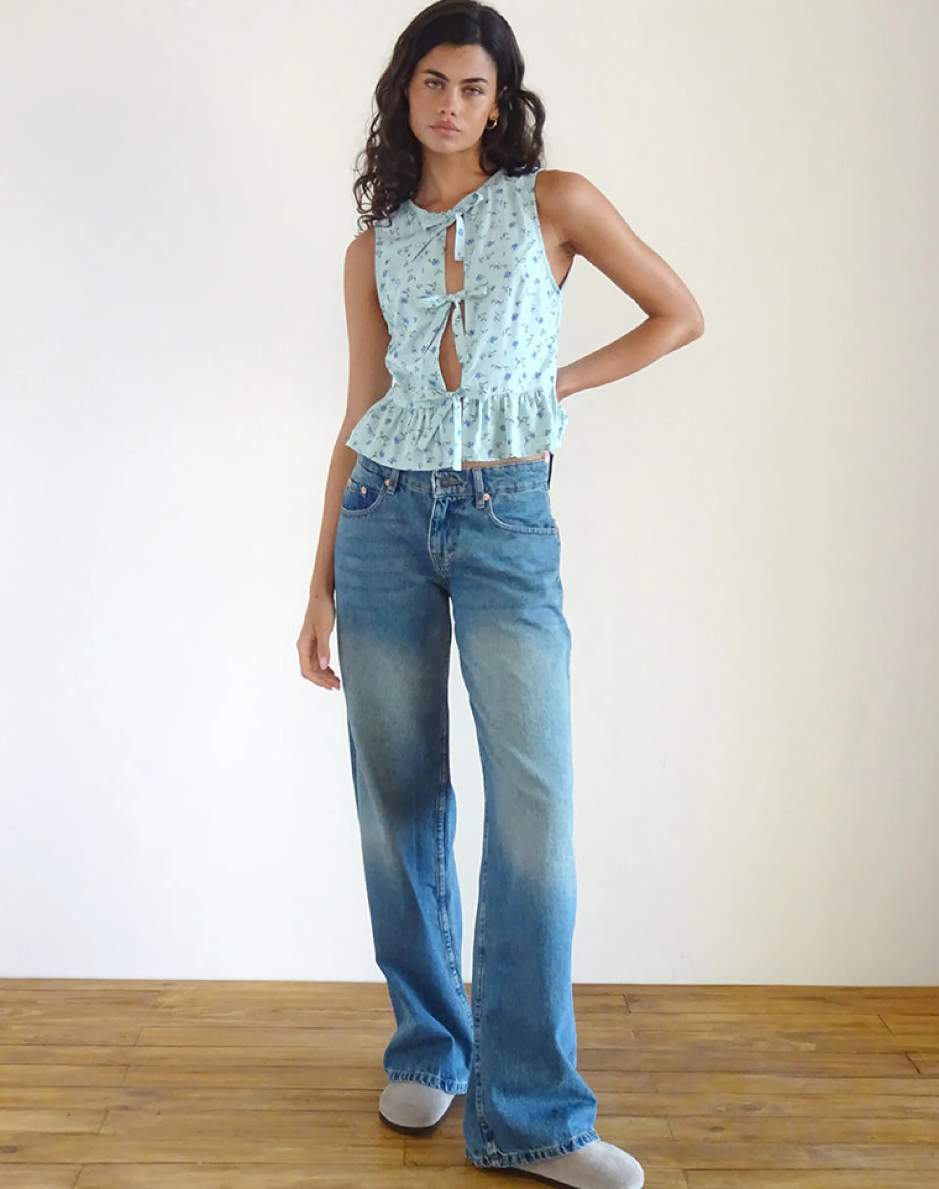 Motel Rocks Vest Tops | Printed Tops-Revata Tie Front Top in Pretty Petal Green
