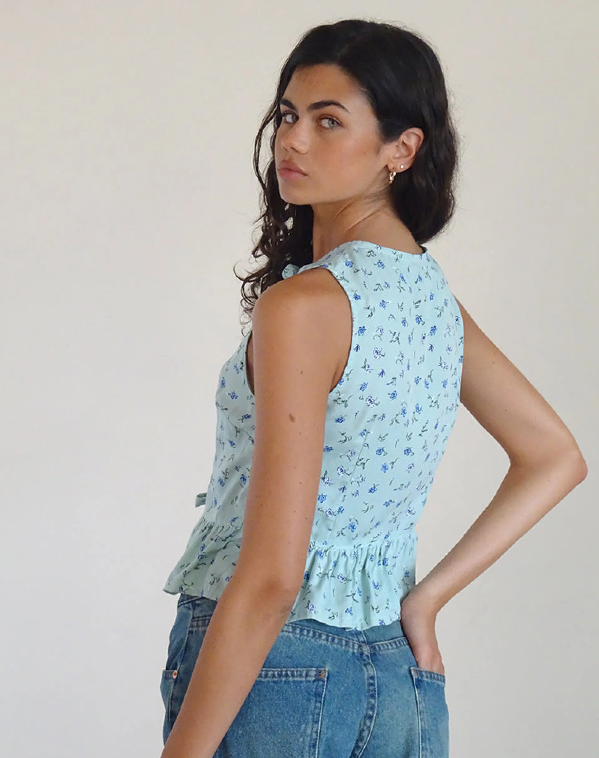 Motel Rocks Vest Tops | Printed Tops-Revata Tie Front Top in Pretty Petal Green