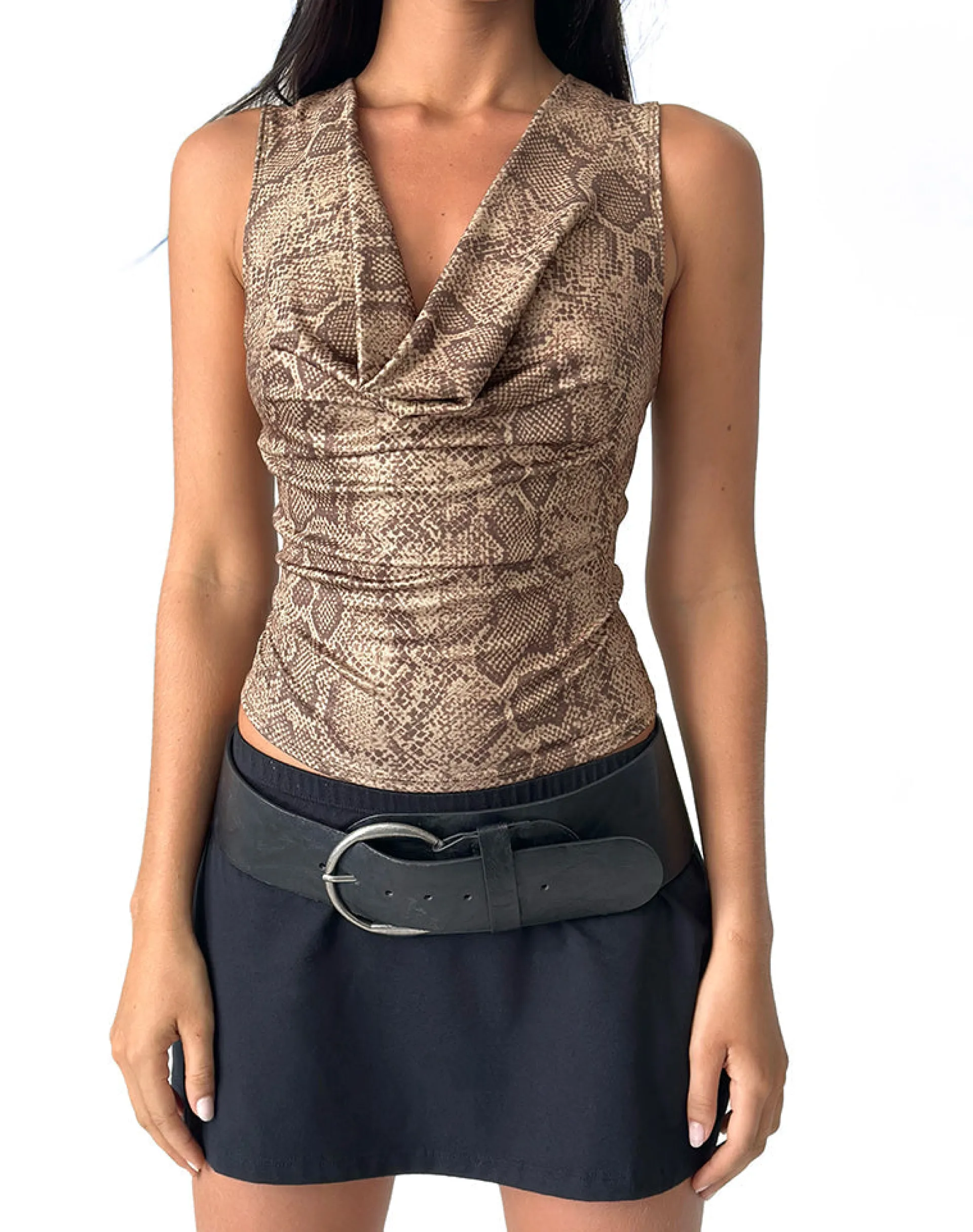 Motel Rocks Printed Tops | Going Out Tops-Rexine Cowl Neck Top in Brown Snake Print