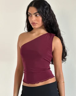 Motel Rocks Going Out Tops-Rhian One Shoulder Top in Mesh Maroon